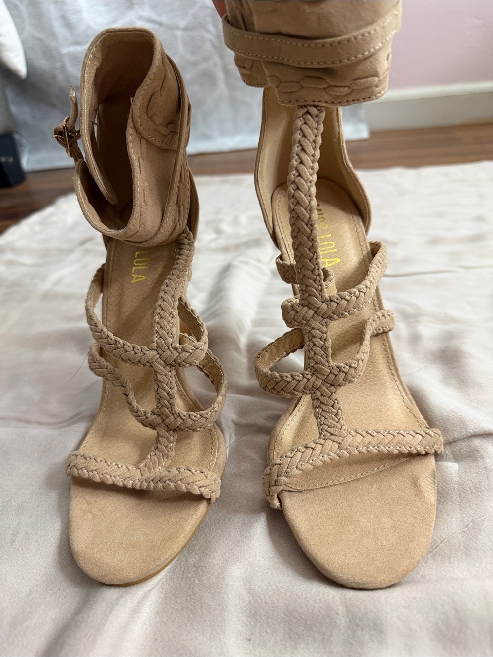 Miss Lola Braided Strappy Ankle-Cuff Heels in Tan